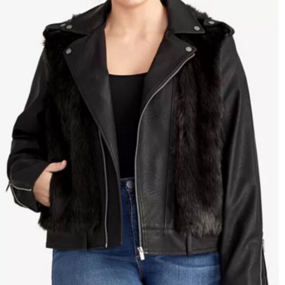 RACHEL Rachel Roy Milana Faux Leather/Faux Fur Plus Sz Moto Jacket Sz 2X - Picture 1 of 14